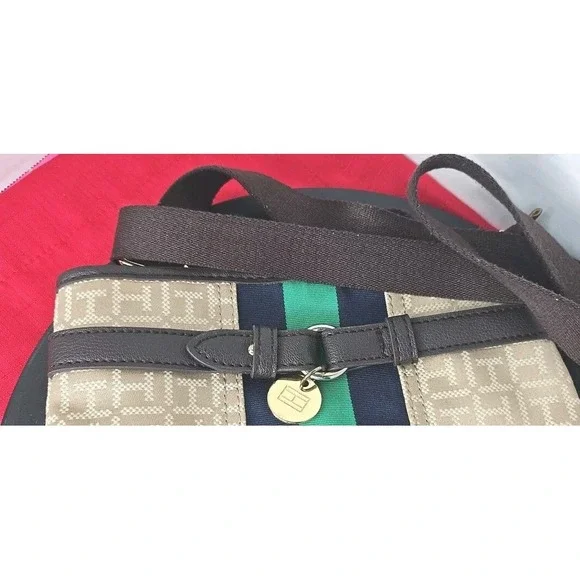 Tommy Hilfiger Tan Blue Square Stripe Crossbody Bag Purse Vintage - Picture 13 of 13